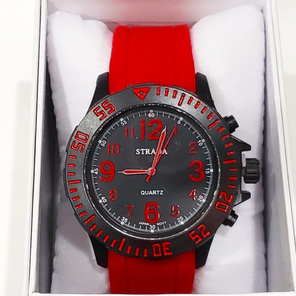 Unisex Japanese quartz mvmt black dial watch with red silicone strap